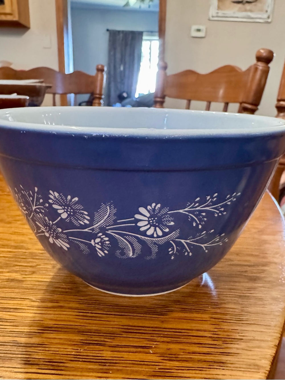 Blue Pyrex Mixing Bowl with White Floral Pattern